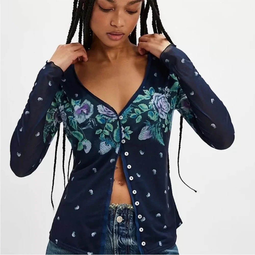 Free People Home Grown Mesh‎ Cardi Navy Blue Combo Floral Button down Small NWOT
